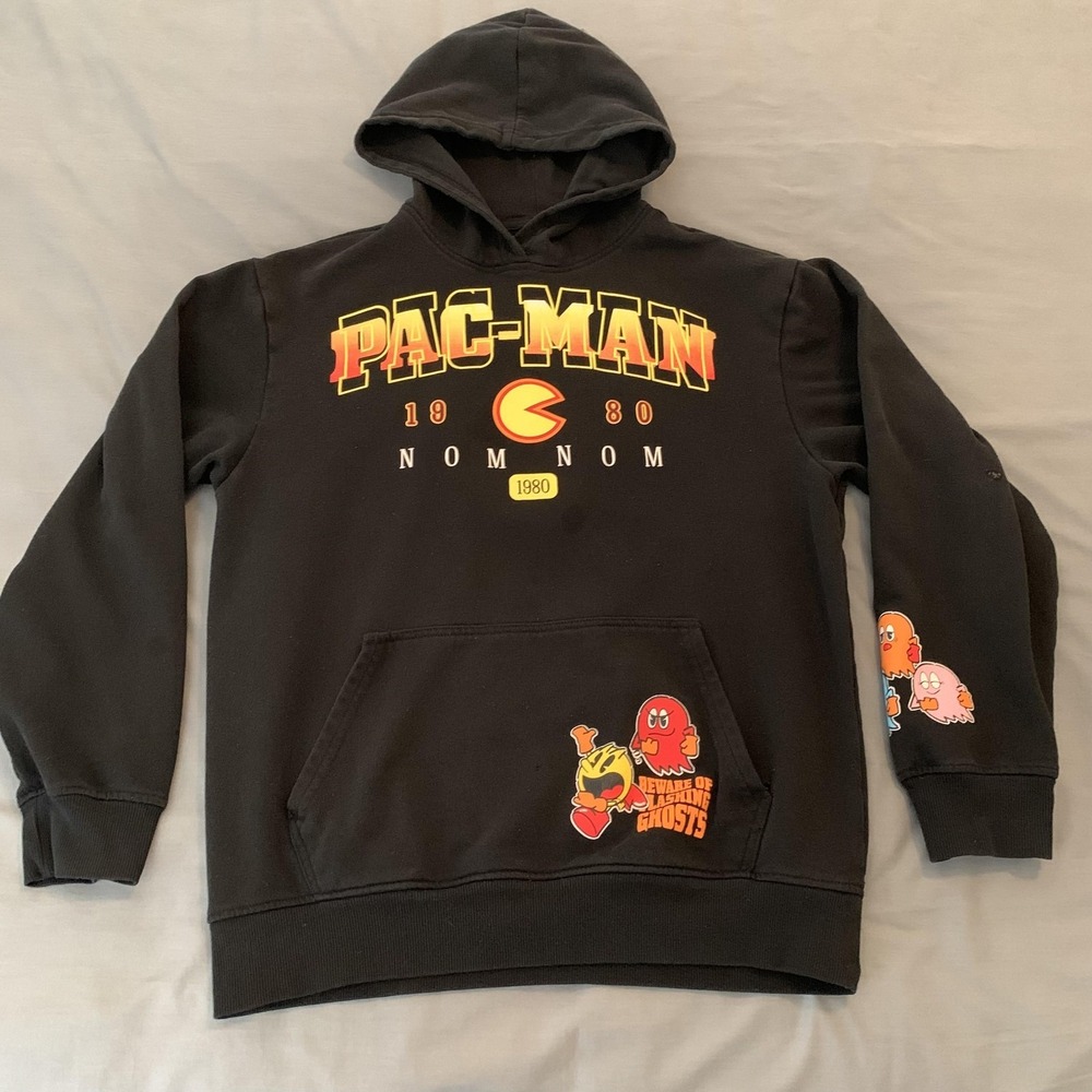 Pac-Man Hoodie Mens Medium Black‎ 1980 Ghosts Graphic Pullover Sweatshirt Retro